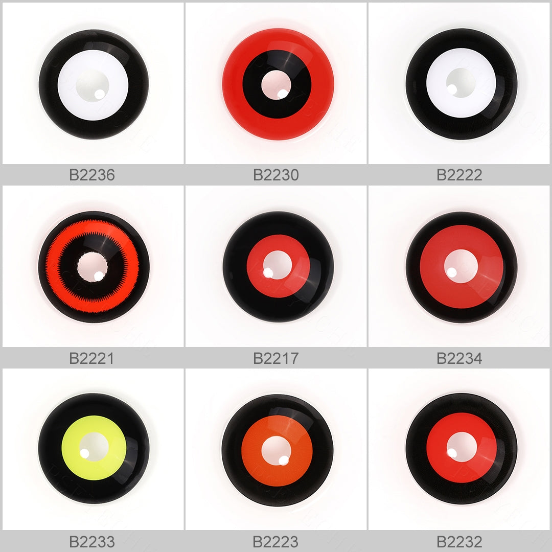 Array of Serial Killer 22mm Sclera Costume Contacts in a white case, showcasing 9  colors. Each lens is labeled with its color name beneath the case.