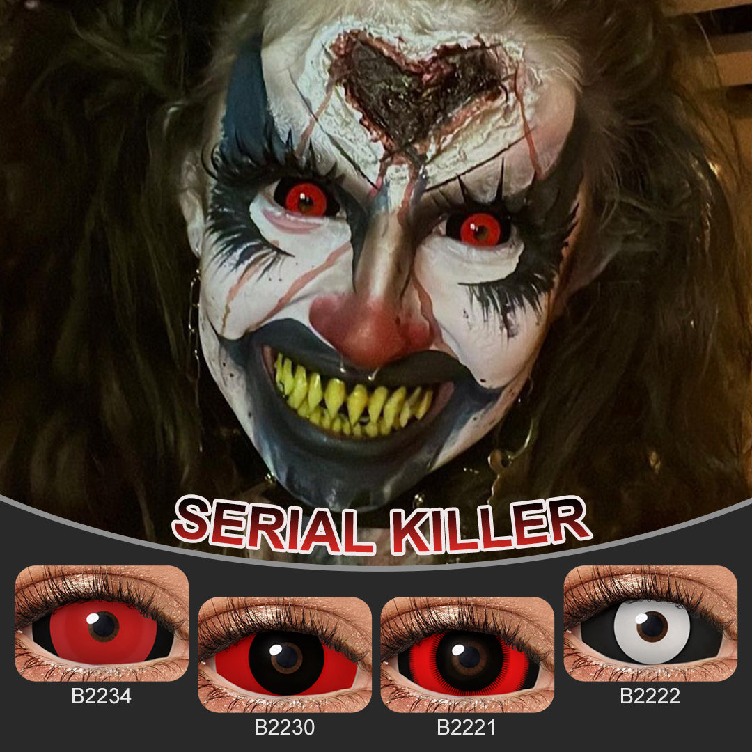 A brown-eyes model showcasing Serial Killer 22mm Sclera Costume Contacts, display the eyes effect with close-up insets highlighting the natural and enhanced eye colors available.