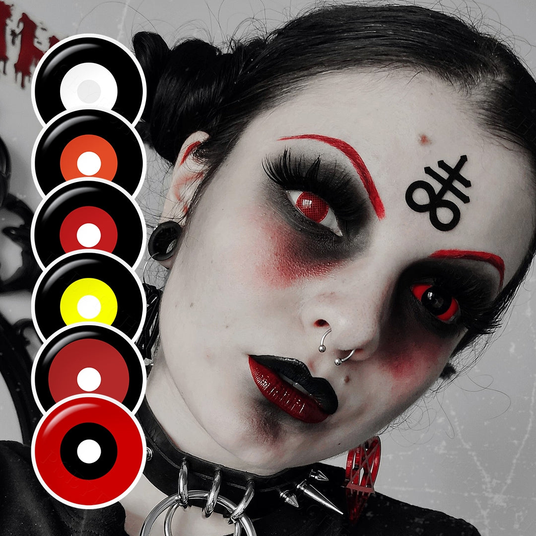 A brown-eyes model showcasing Serial Killer 22mm Sclera Costume Contacts, display the eyes effect with close-up insets highlighting the natural and enhanced eye colors available.