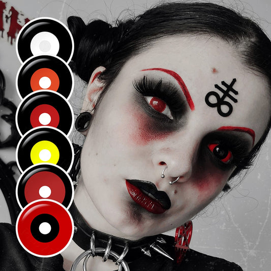 A brown-eyes model showcasing Serial Killer 22mm Sclera Costume Contacts, display the eyes effect with close-up insets highlighting the natural and enhanced eye colors available.