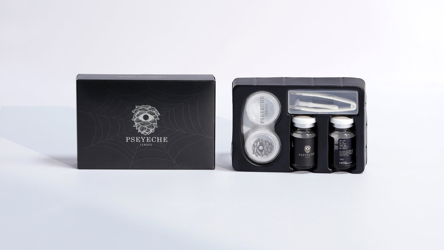 display a pseyeche Serial Killer 22mm Sclera Costume Contacts black package box with shine and beautiful pattern ,one box contain with 2 pcs lenses