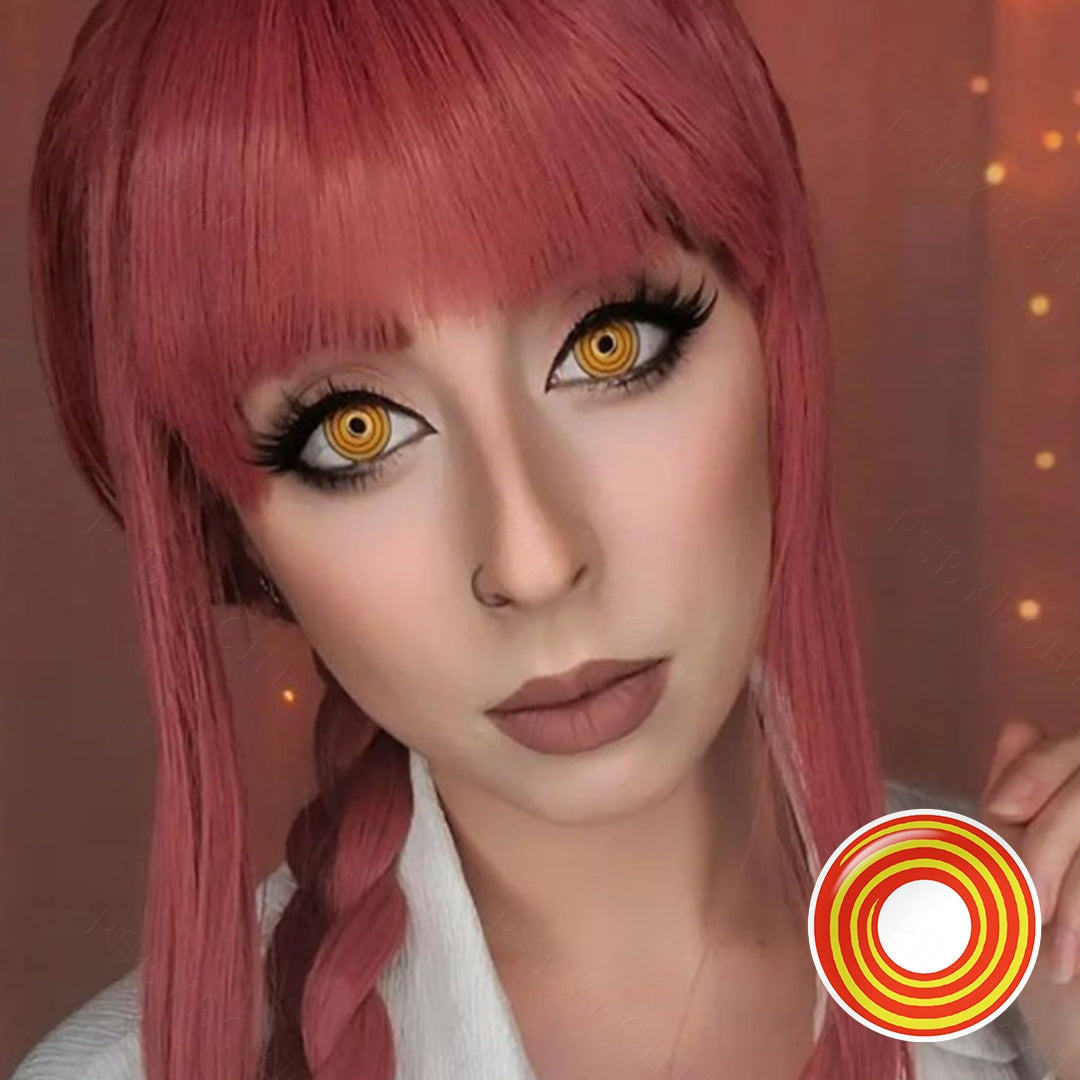 A lady showcasing Spiral Costume Contacts, display the wearing effect of RY005/Chainsaw Man Makima contacts.
