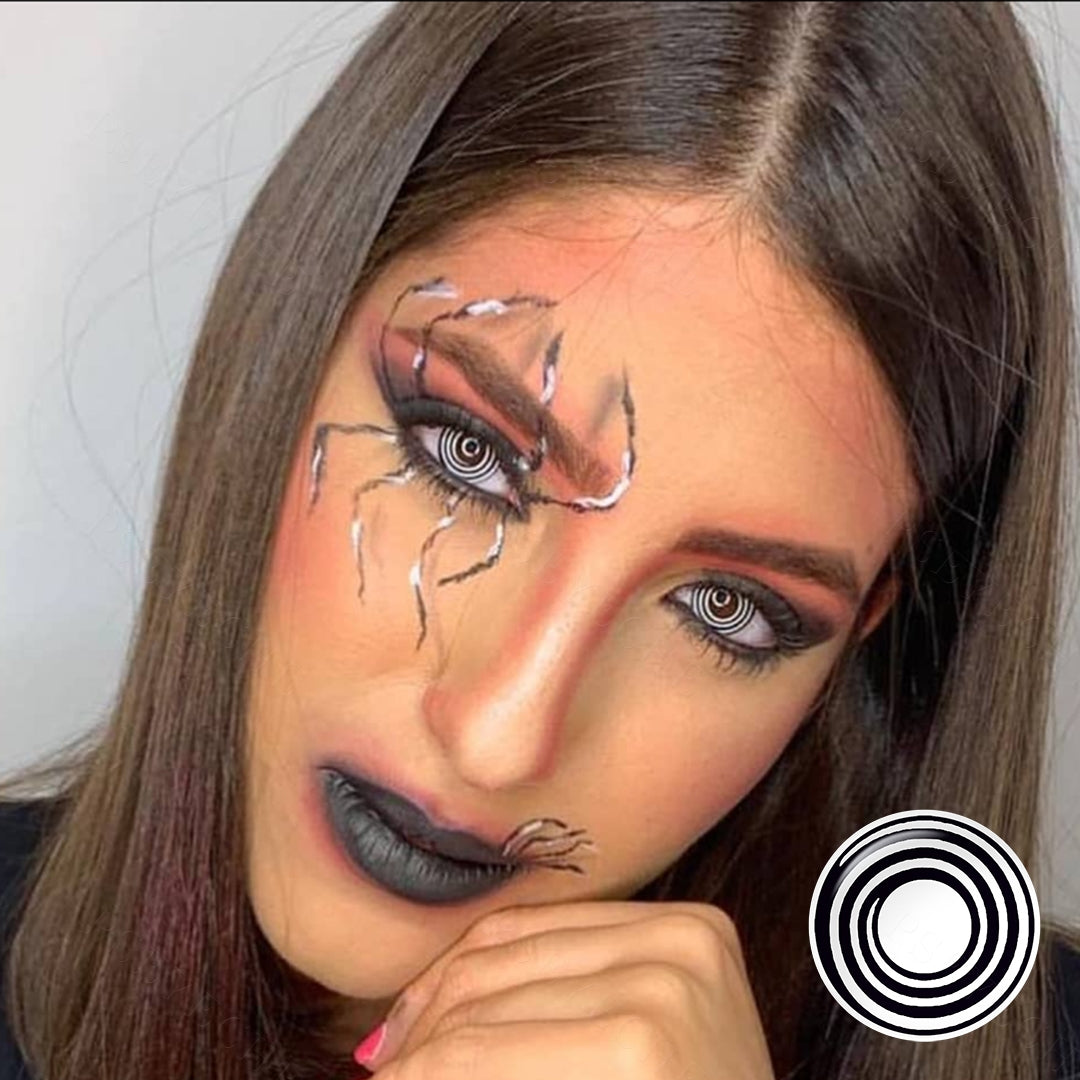 A lady showcasing Spiral Costume Contacts, display the wearing effect of RY130/Black Spiral Contacts.