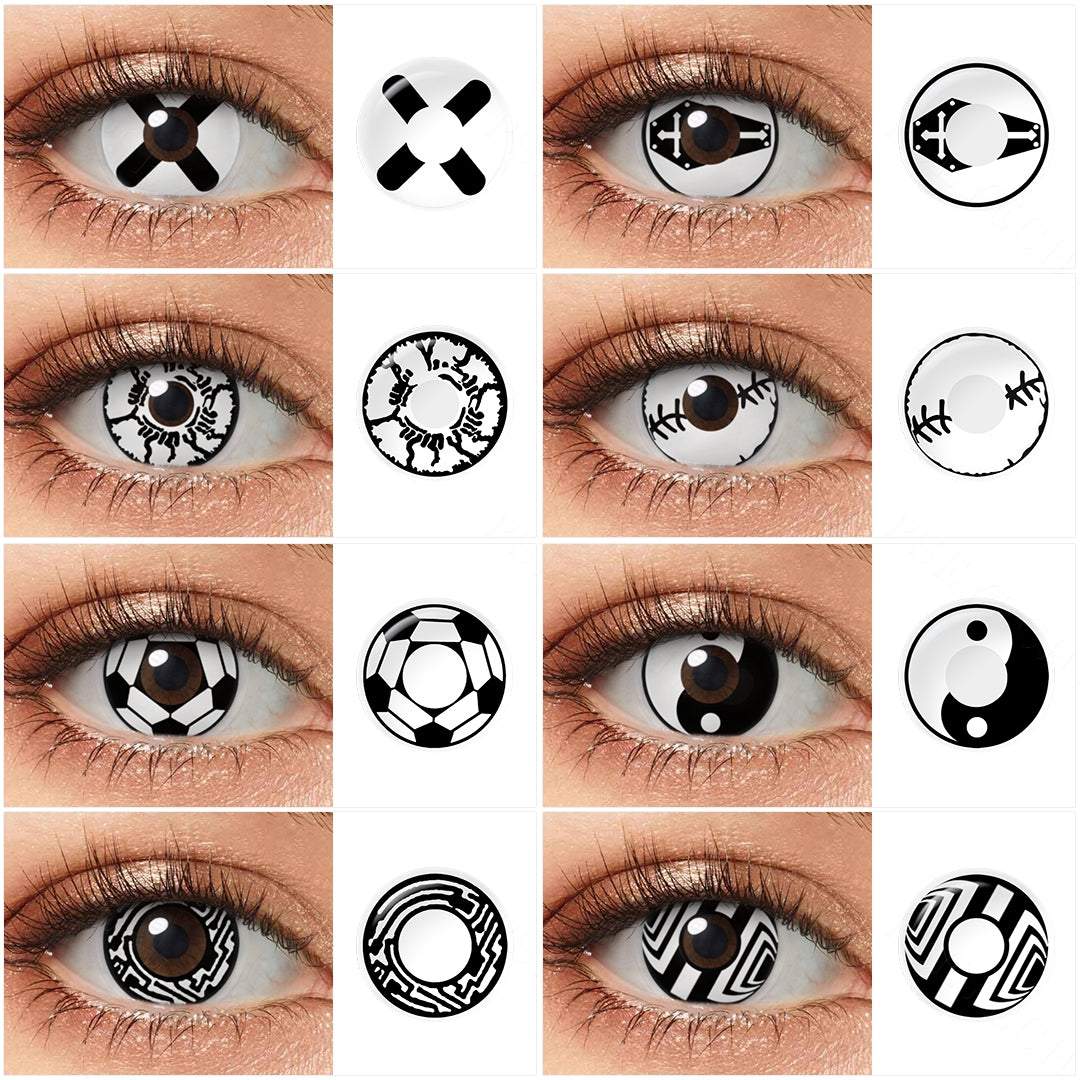 Variety of spooky  halloween contacts color displayed on a model's eyes, showcasing 8 different shades.