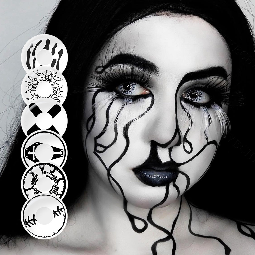 A young cosplayer showcasing Spooky halloween contact with 6 Variants, one black with white variant with close-up insets highlighting on the wearer's eye color.