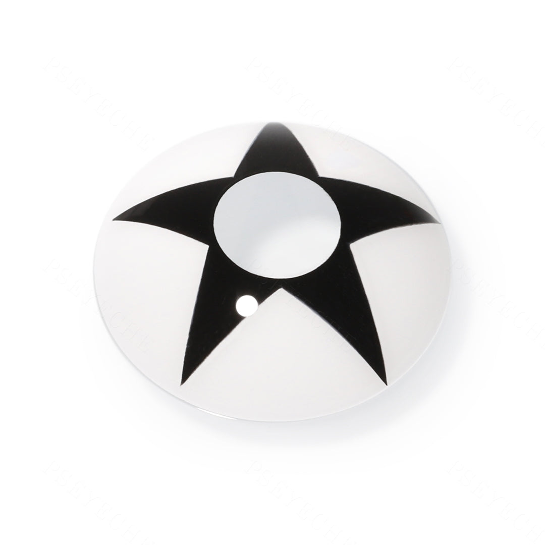 1 pcs lenses of Star anise Costume Contacts on a white display, showing the details of the lens pattern from the front and back