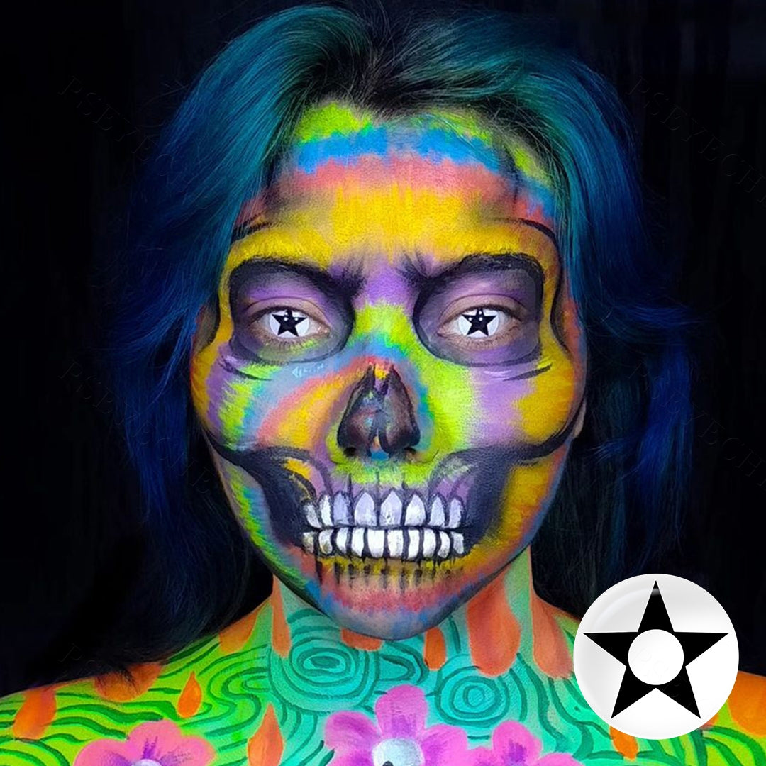 Grid display of 1 shade of Star anise Costume Contacts, which is RY373B ,with a close-up view of the lens pattern and the effect on a brown-eyed model