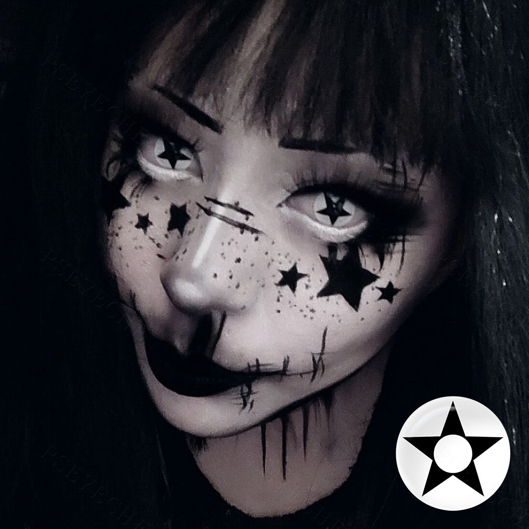 Grid display of 1 shade of Star anise Costume Contacts, which is RY373B ,with a close-up view of the lens pattern and the effect on a brown-eyed model