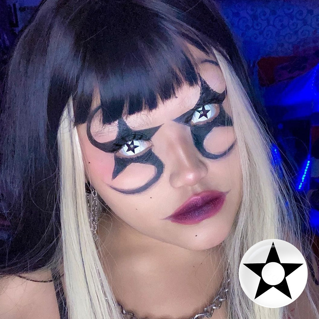 Grid display of 1 shade of Star anise Costume Contacts, which is RY373B ,with a close-up view of the lens pattern and the effect on a brown-eyed model