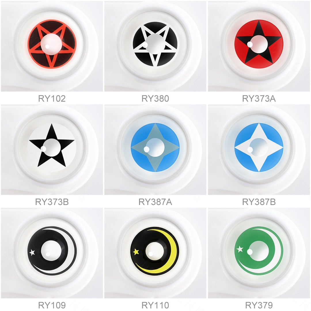 Array of Star anise Costume Contacts in a white case, showcasing 9  colors. Each lens is labeled with its color name beneath the case.