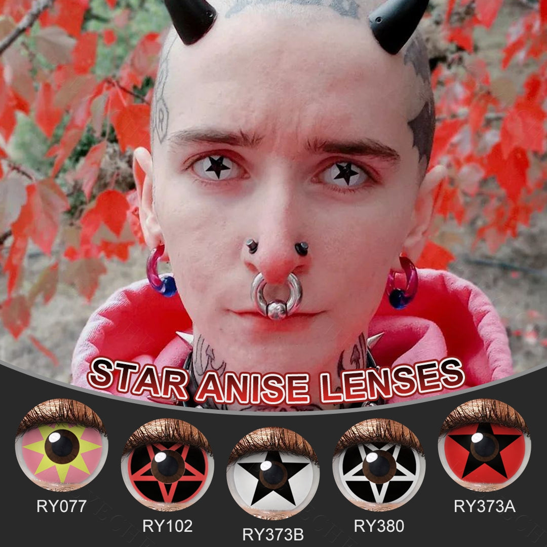 A brown-eyes model showcasing Star anise Costume Contacts, display the eyes effect with close-up insets highlighting the natural and enhanced eye colors available.