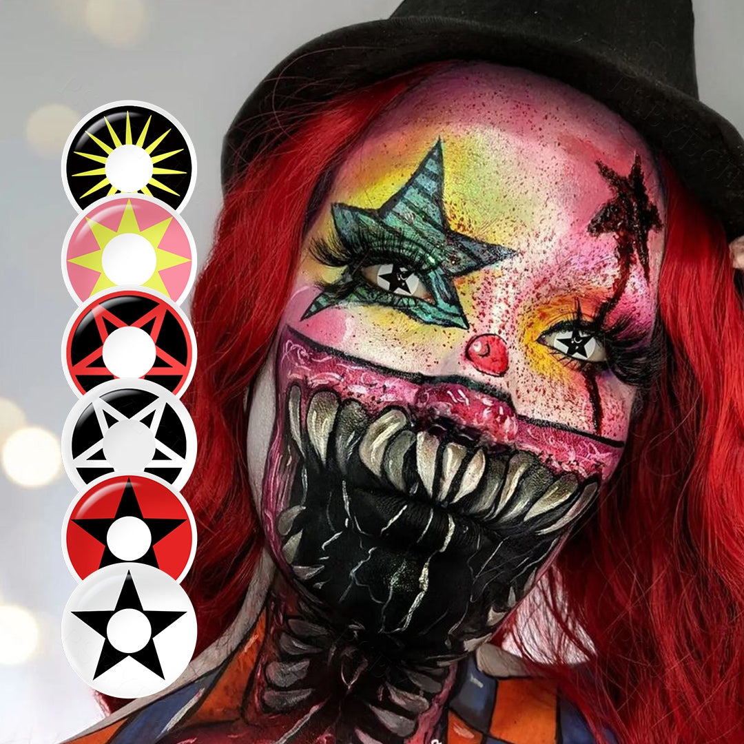 A brown-eyes model showcasing Star anise Costume Contacts, display the eyes effect with close-up insets highlighting the natural and enhanced eye colors available.