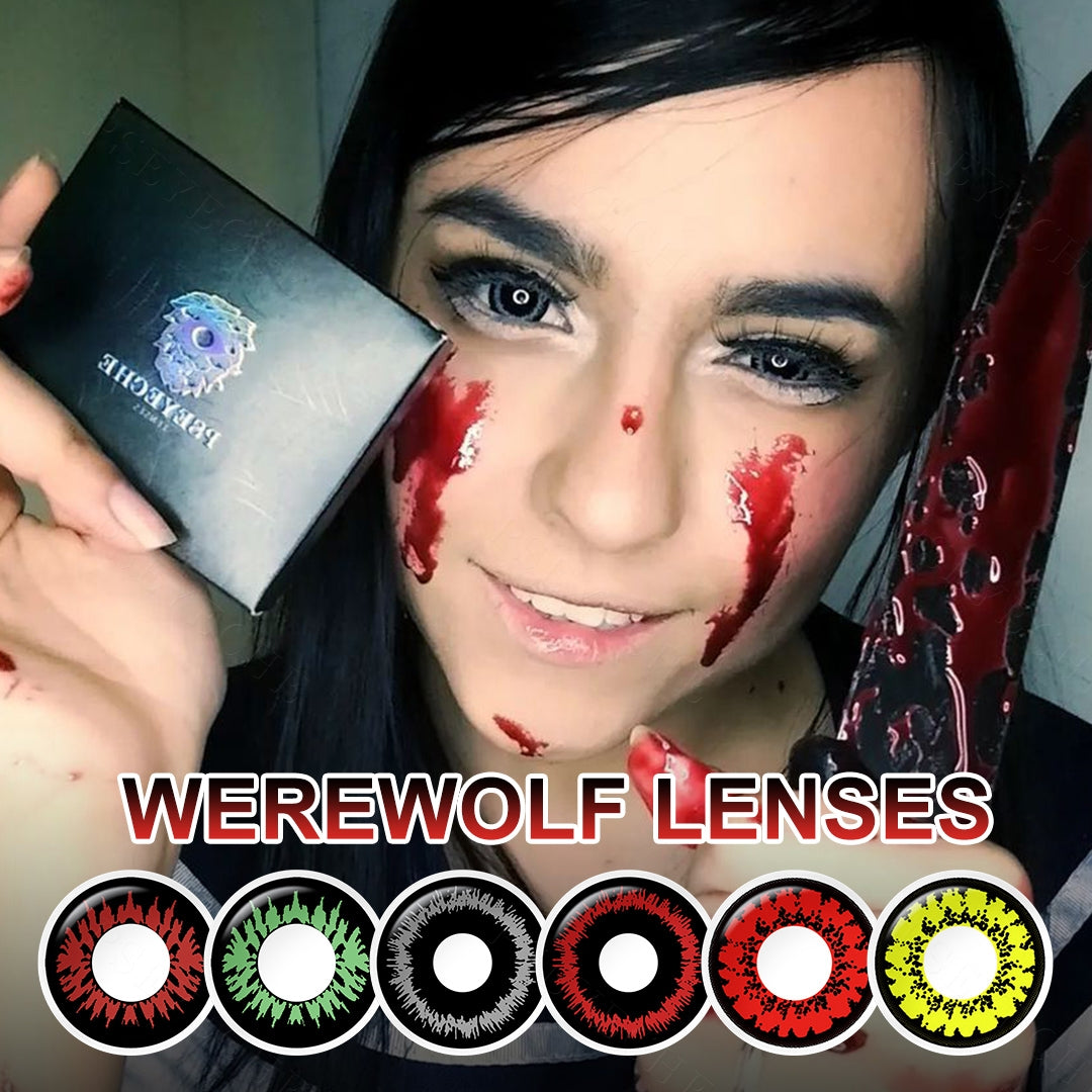 A young lady showcasing 6 Colors Costume Contacts, with close-up insets highlighting the effect and change eye colors available. And she is hanging a retail box.