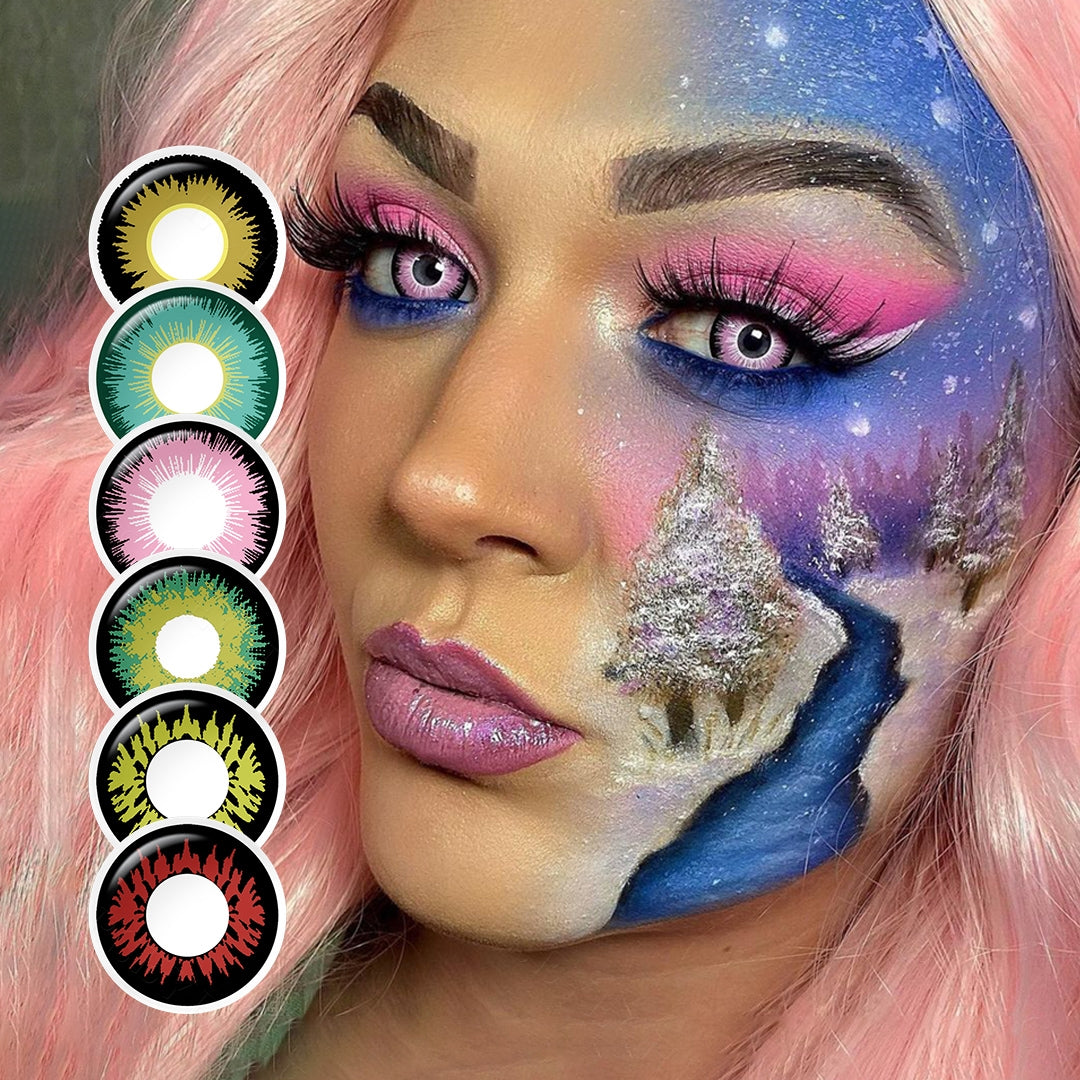 A young lady model showcasing Sun Halloween Costume Contacts, display the eyes effect with close-up insets highlighting the natural and enhanced eye colors available.