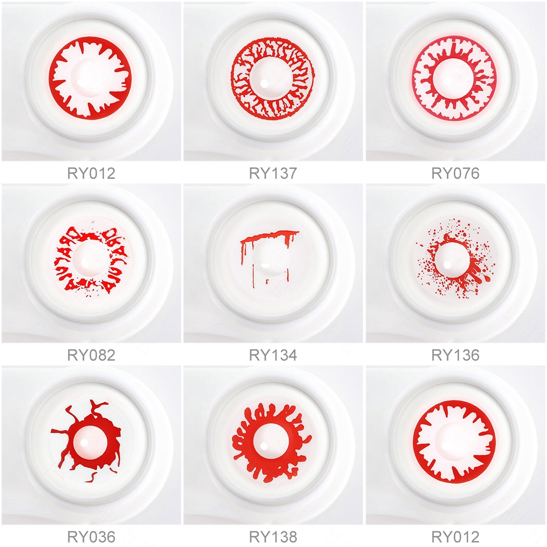 Array of Wild Blood Vampire Costume Contacts in a white case, showcasing nine colors: Bloodshot, Crazy blood splat, Blood splat, White demon, Vampire, Shed blood, Wild blood, Red bloodshot. Each lens is labeled with its color name beneath the case.