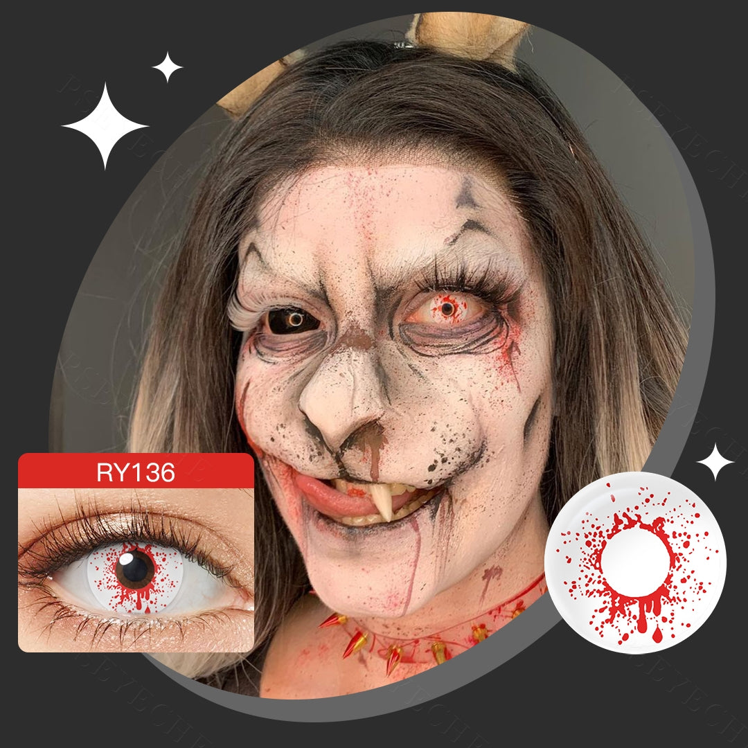 A young lady showcasing Crazy blood splat Wild Blood Vampire Costume Contacts, with close-up insets highlighting the effect and change eye colors available.