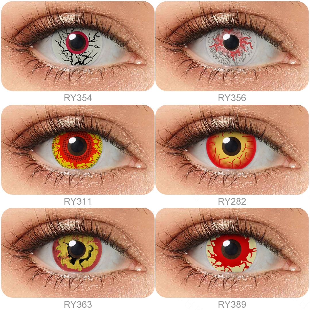 Grid display of 6 shades of Zombie Costume Contacts, showing a variety of shades, each paired with a close-up view of the lens pattern