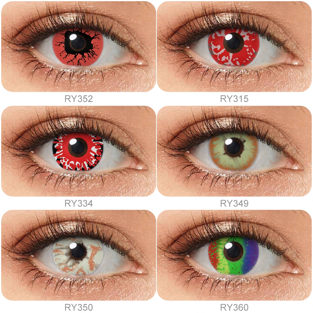 Grid display of 6 shades of Zombie Costume Contacts, showing a variety of shades, each paired with a close-up view of the lens pattern