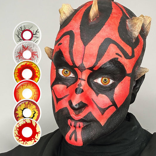 A cosplayer showcasing Zombie Costume Contacts, with close-up insets highlighting halloween and enhanced eye colors available.