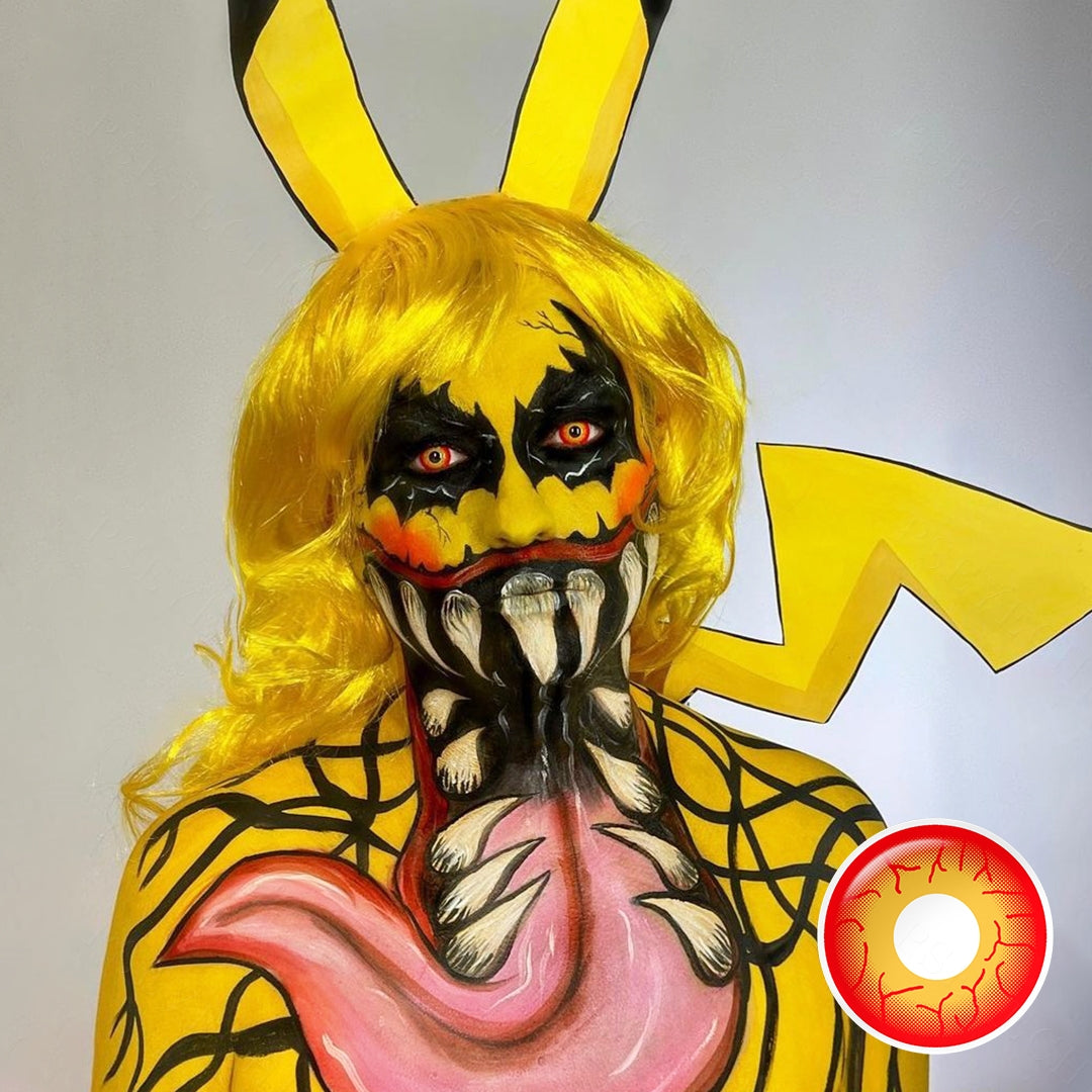 A cosplayer showcasing Zombie Contacts, display the wearing effect of RY282/Darth Maul Sith Eye Contact Lenses