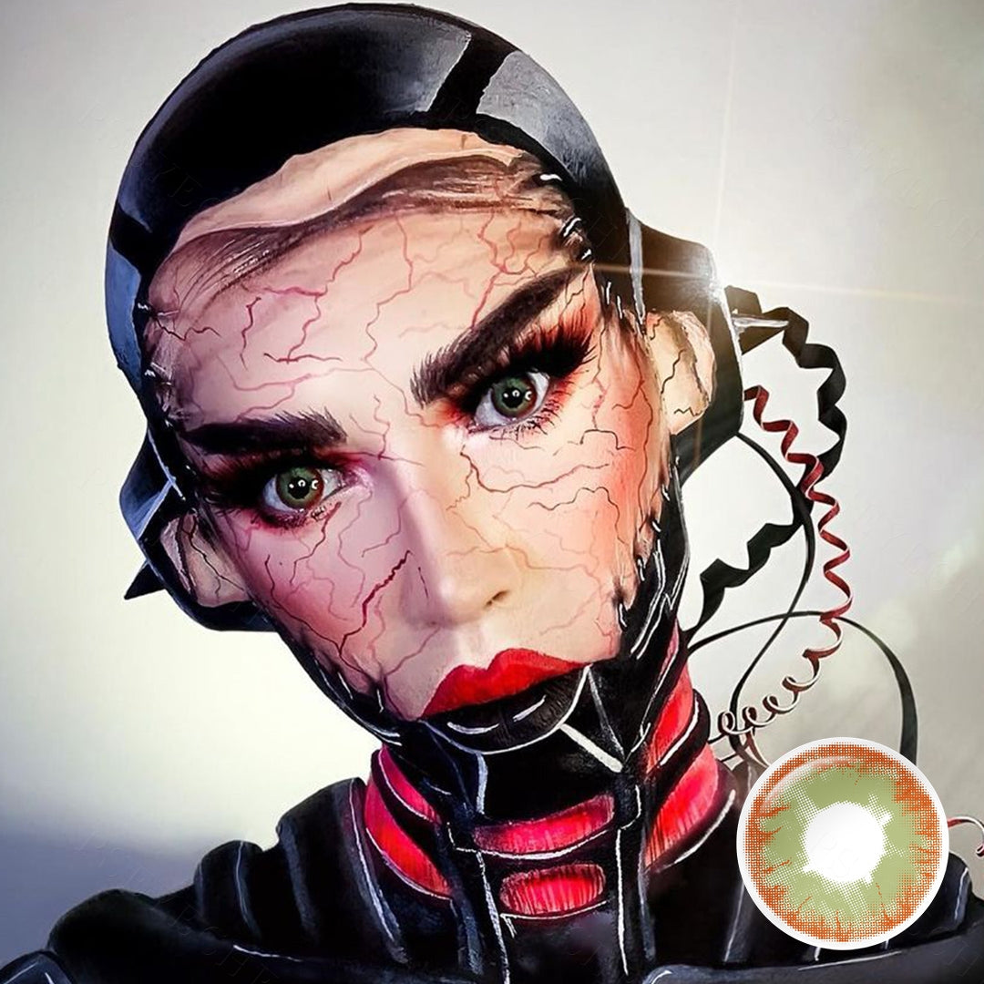 A cosplayer showcasing Zombie Contacts, display the wearing effect of RY349/Red Yellow Bloodshot Contacts.