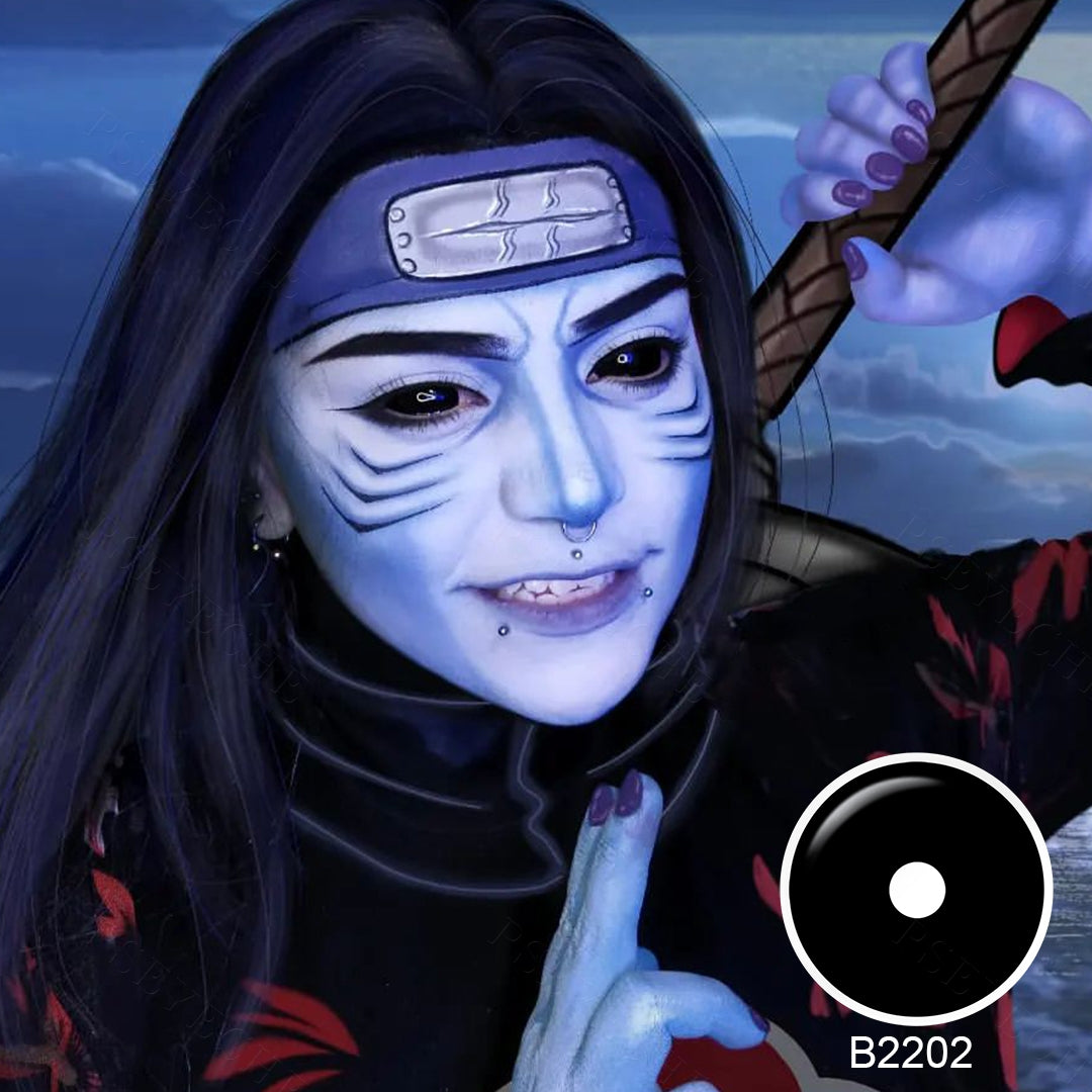 A young lady showcasing 22mm sclera black contact lenses, with close-up insets highlighting the fashion and enhanced eye colors available.