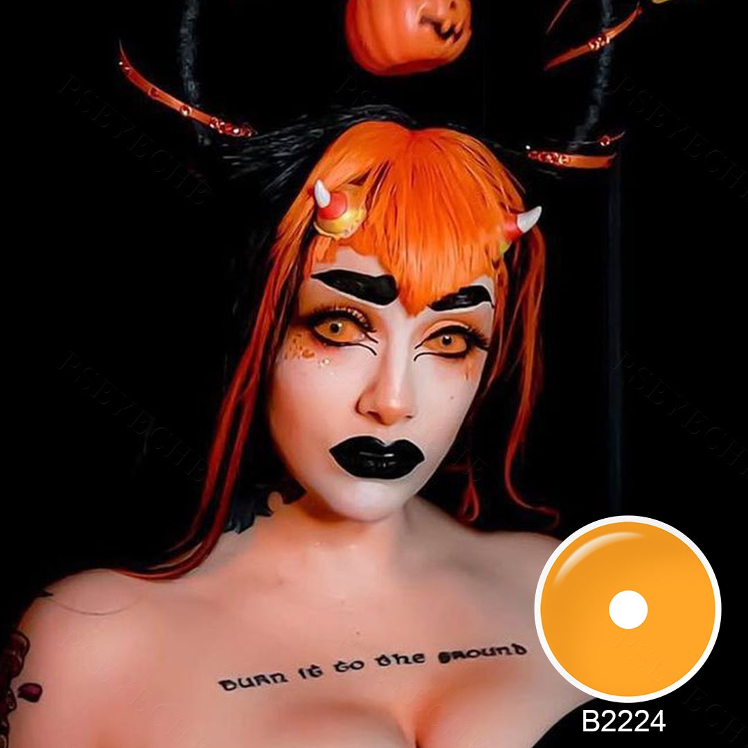 A young lady showcasing 22mm sclera orange contact lenses, with close-up insets highlighting the fashion and enhanced eye colors available.