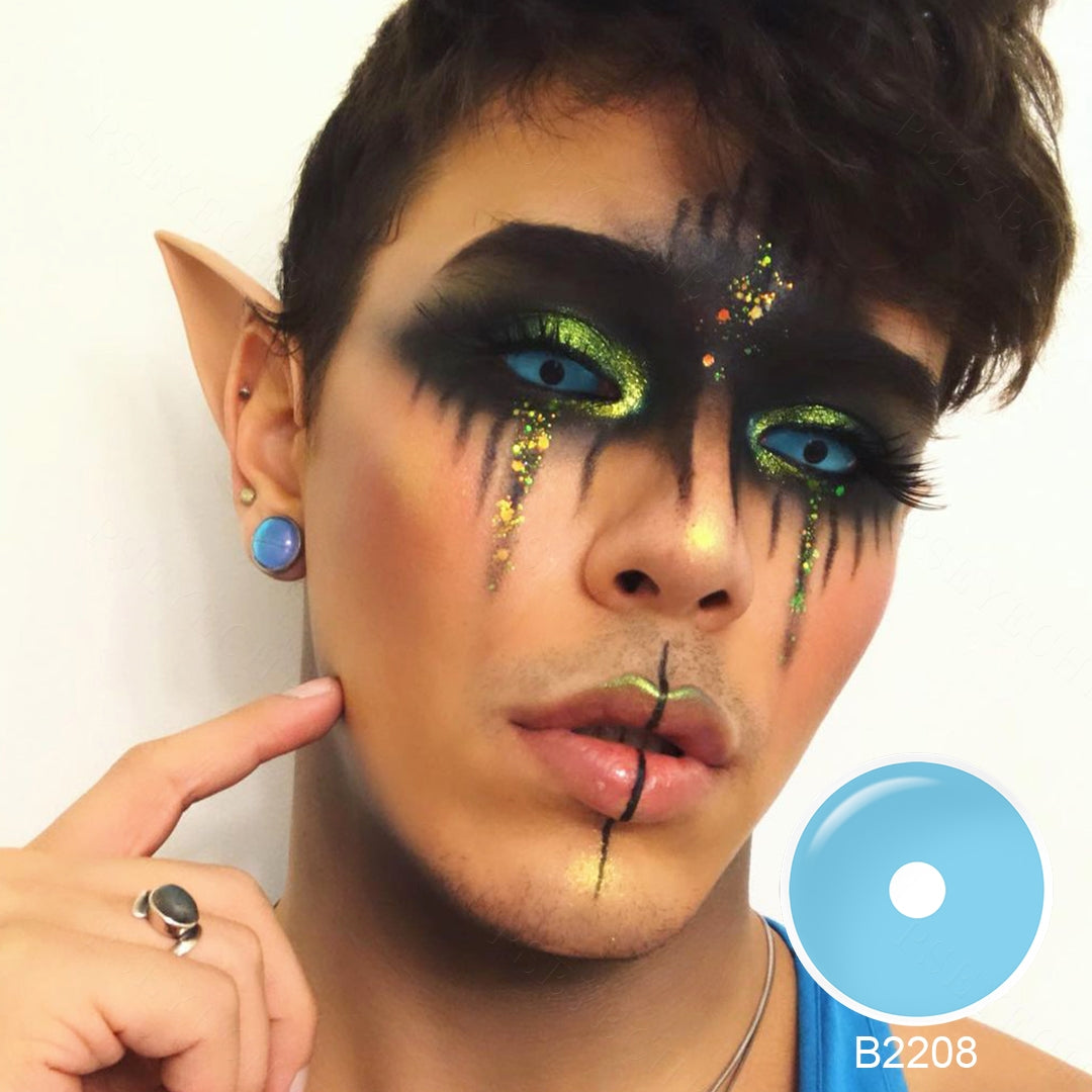 A young lady showcasing 22mm sclera blue contact lenses, with close-up insets highlighting the fashion and enhanced eye colors available.