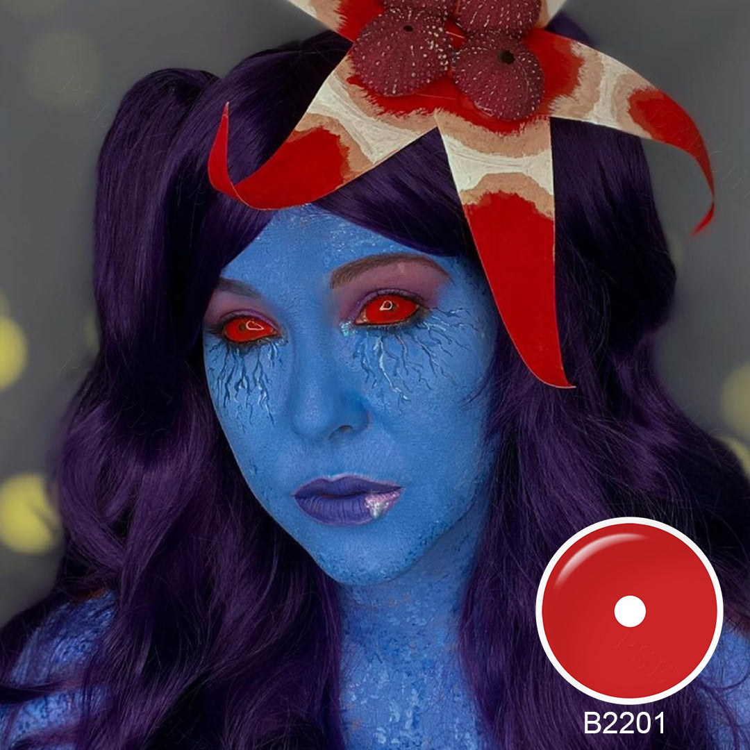 A young lady showcasing 22mm sclera red contact lenses, with close-up insets highlighting the fashion and enhanced eye colors available.