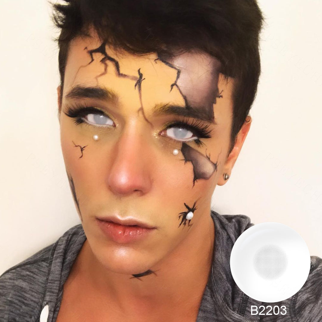 A young lady showcasing 22mm sclera  white contact lenses, with close-up insets highlighting the fashion and enhanced eye colors available.