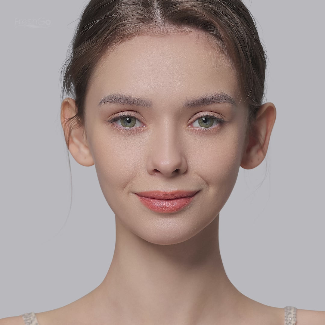 Product video presenting a range of Hidrocharme colored contacts, featuring close-up views of the lenses in various shades and demonstrating how they appear when applied to the eyes.