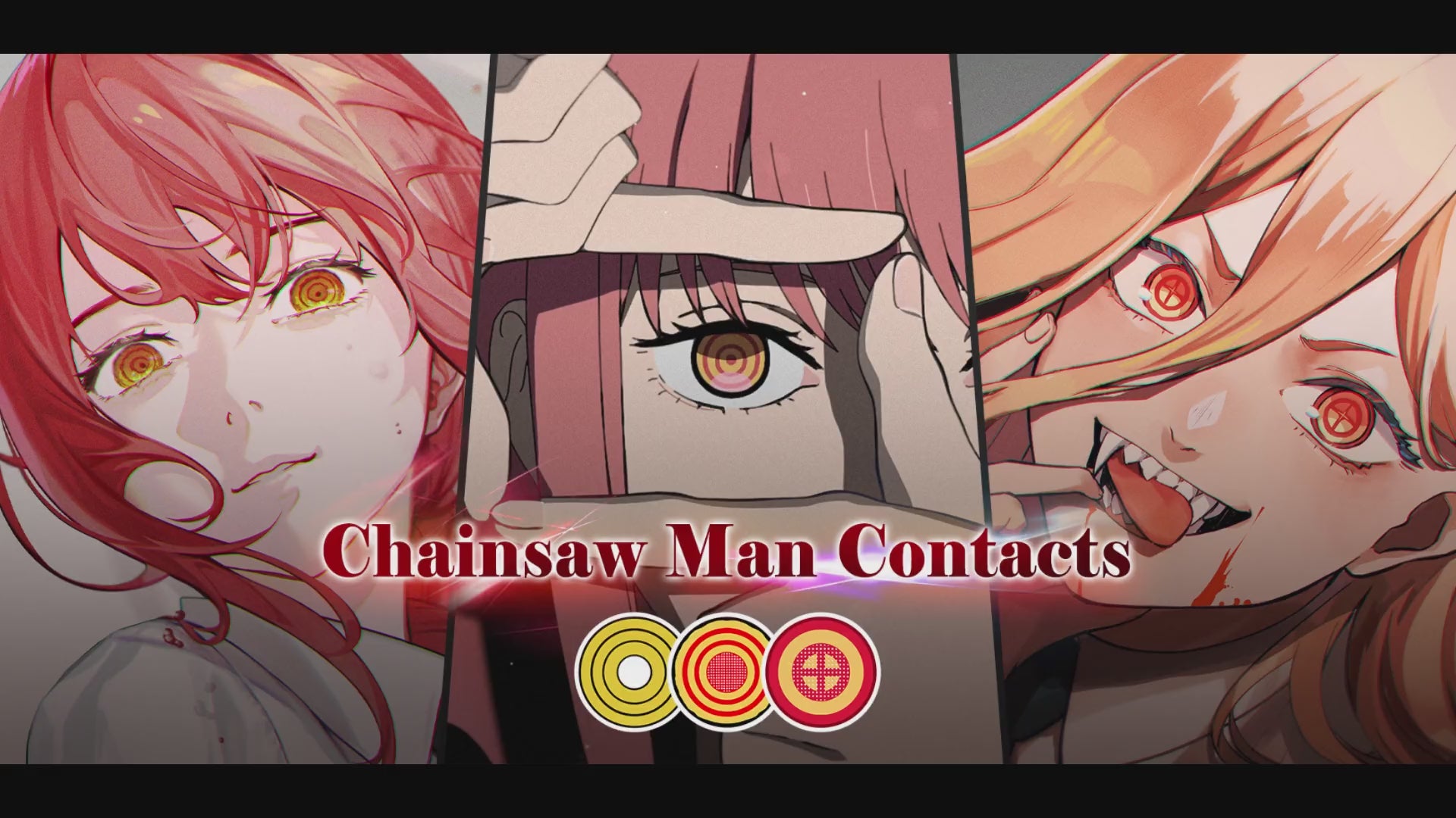 Product video presenting a range of Anime Costume Contacts, featuring close-up views of the lenses in various shades and demonstrating how they appear when applied to the eyes.