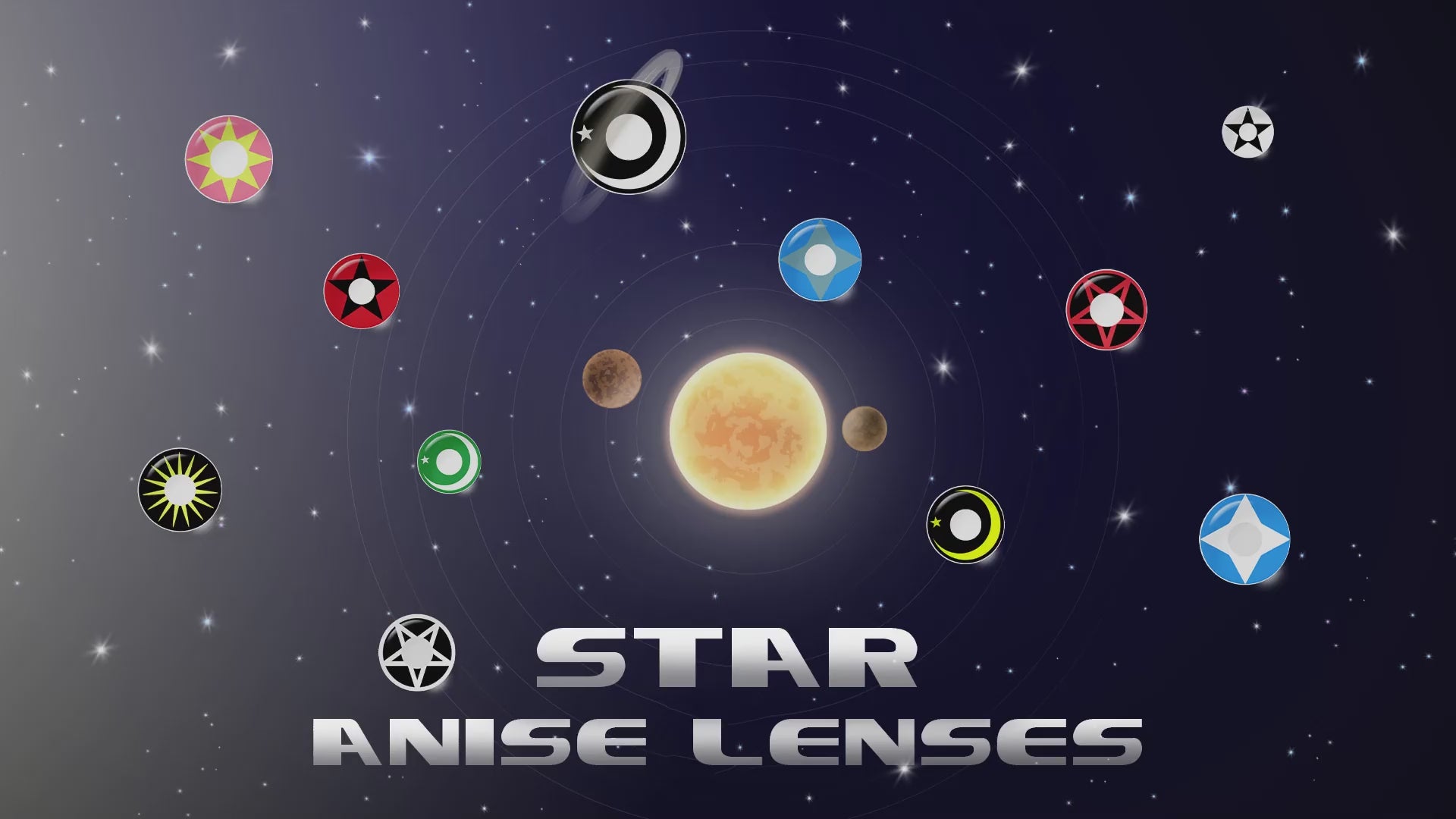 Product video presenting a 10 kinds of hot sales Star anise Costume Contacts, featuring close-up views of the lenses in various shades and demonstrating how they appear when applied to the eyes of model girls.