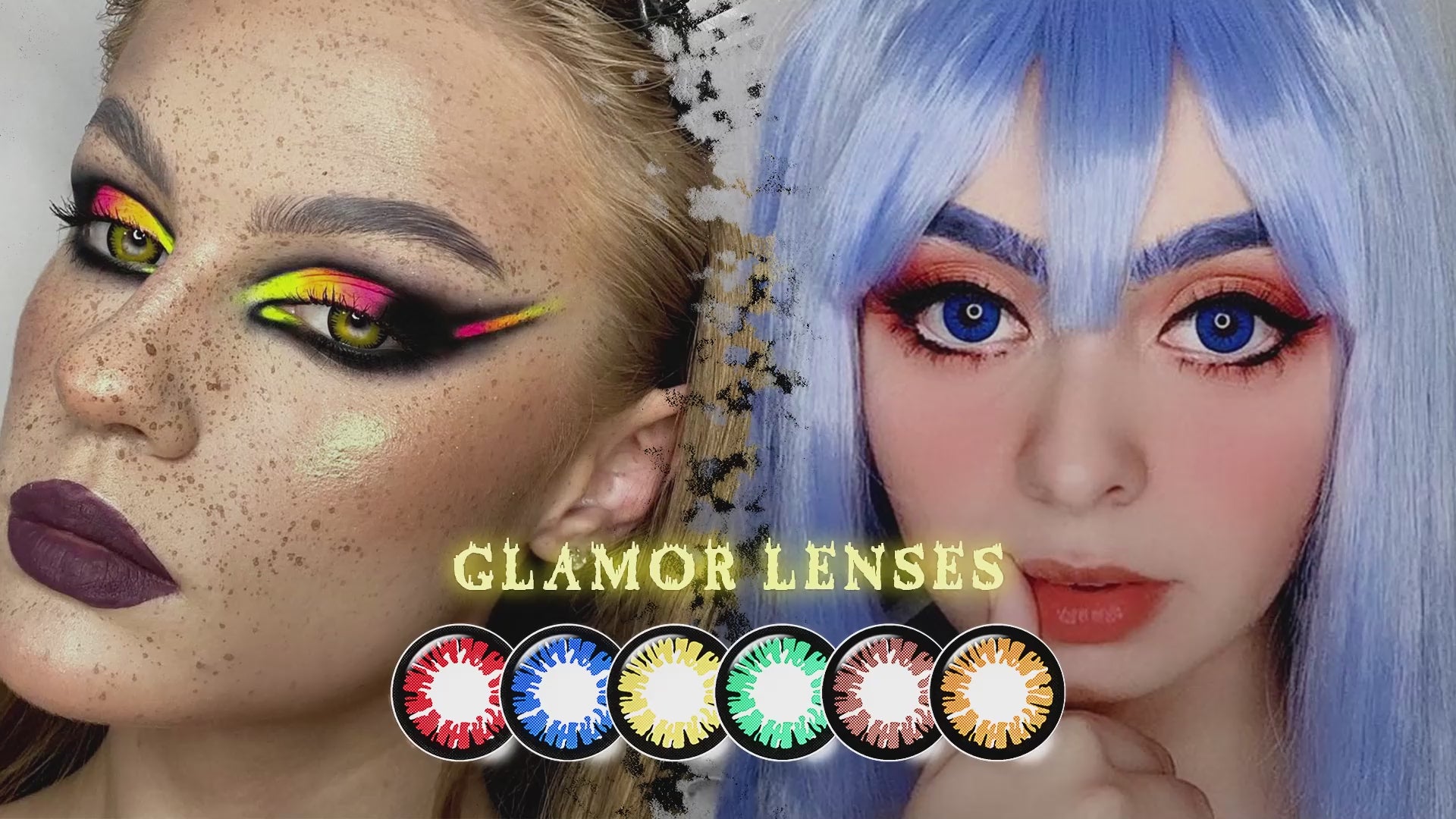 Product video presenting a range of Aiyanye Costume contacts, featuring close-up views of the lenses in various shades and demonstrating how they appear when applied to the eyes.