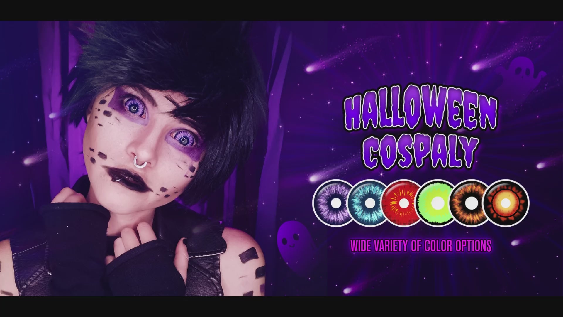 Product video presenting a range of charming danger Costume Contacts, featuring close-up views of the lenses in various shades and demonstrating how they appear when applied to the eyes.