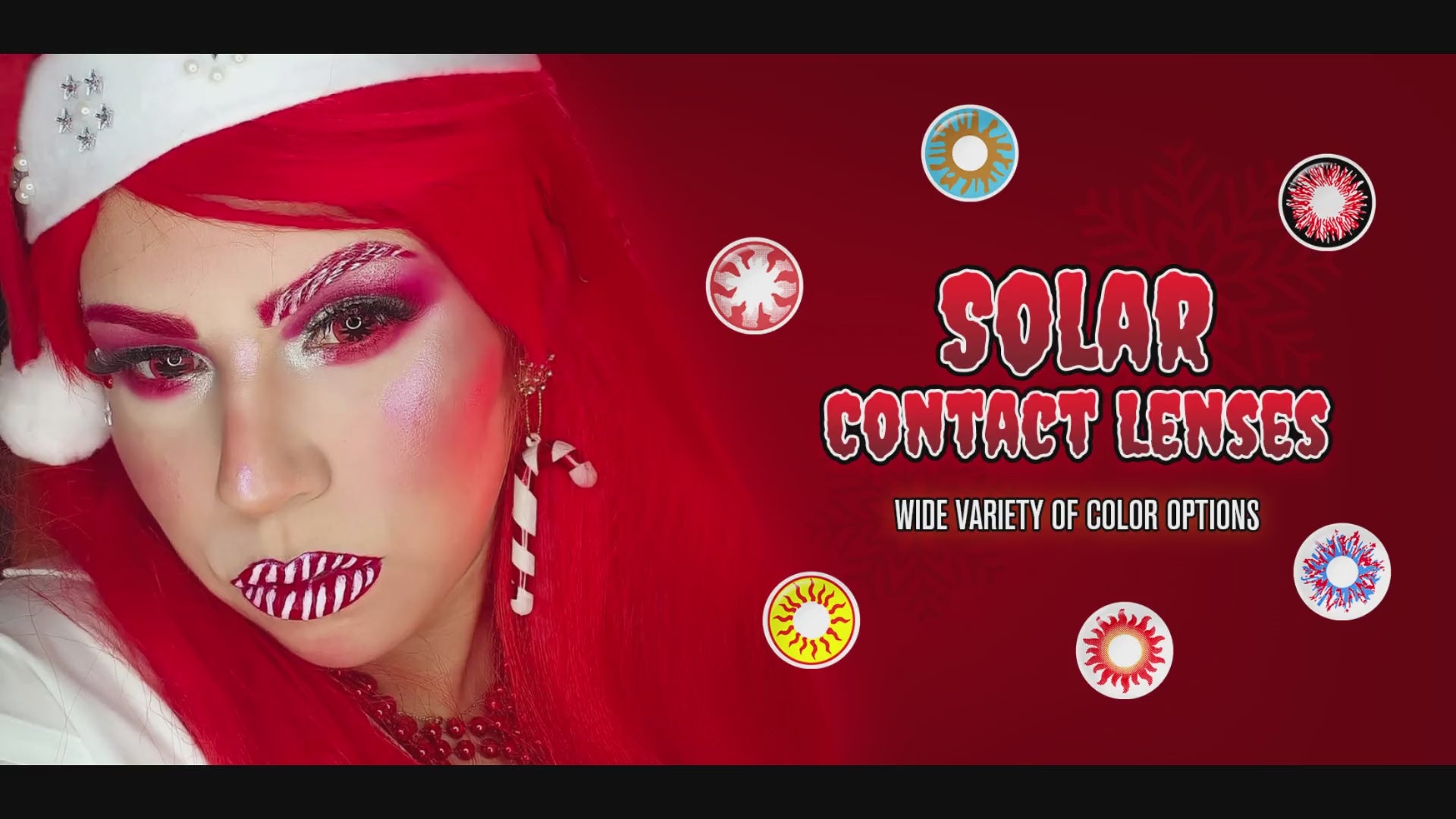 Product video presenting a range of cosplay contact lenses, featuring close-up views of the lenses in various shades and demonstrating how they appear when applied to the eyes.