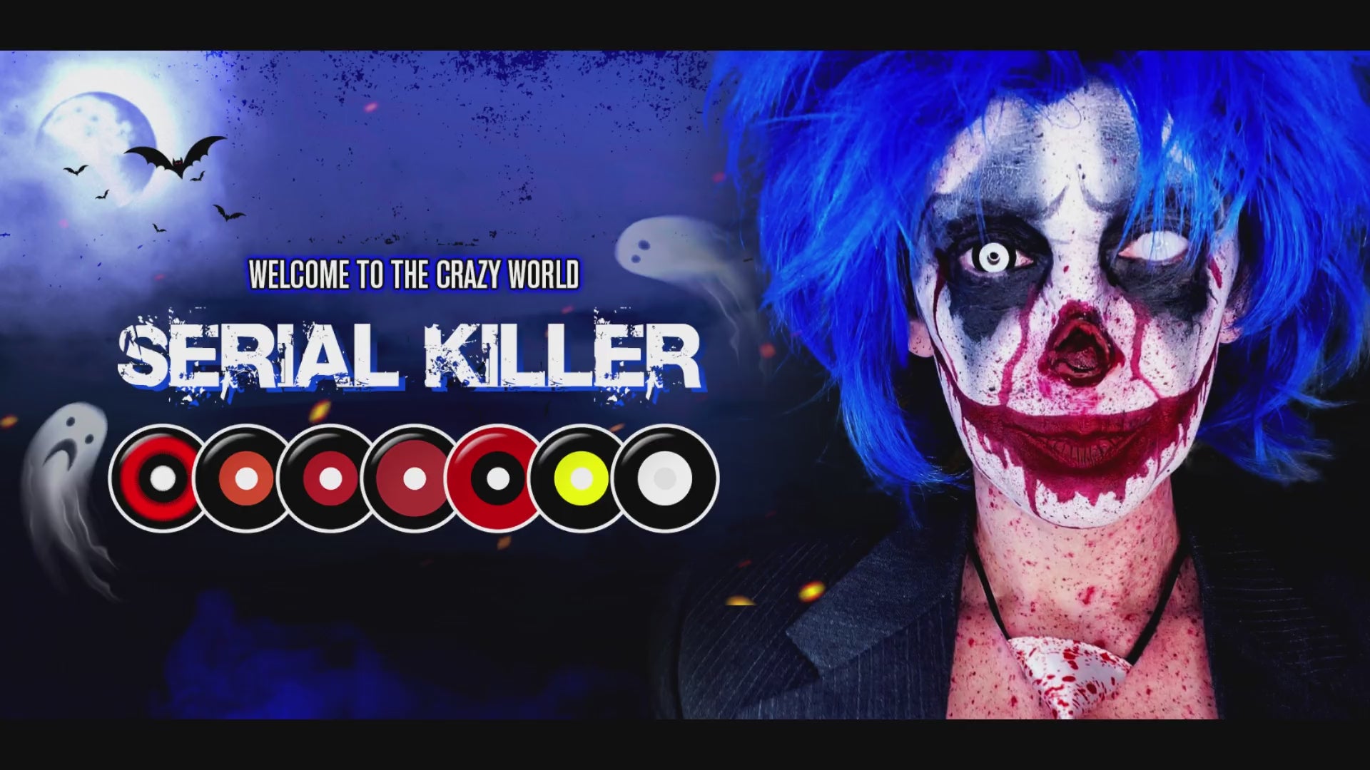 Product video presenting a 9 kinds of hot sales Serial Killer 22mm Sclera Costume Contacts, featuring close-up views of the lenses in various shades and demonstrating how they appear when applied to the eyes of model girls.