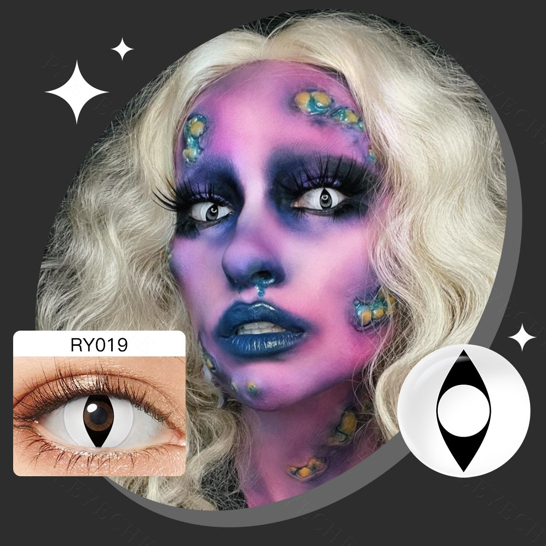 showcase of white cat eye halloween lenses in model eye wearing.