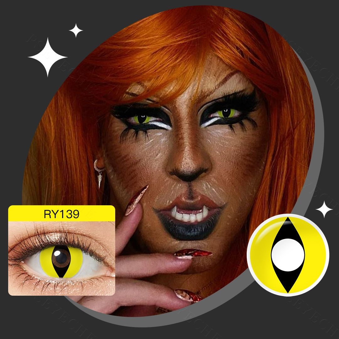 showcase of yellow cat eye halloween lenses in model eye wearing.