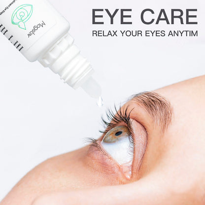 It shows a model holding 10ML eye drops and dripping them into her eyes, and the eye part is enlarged.