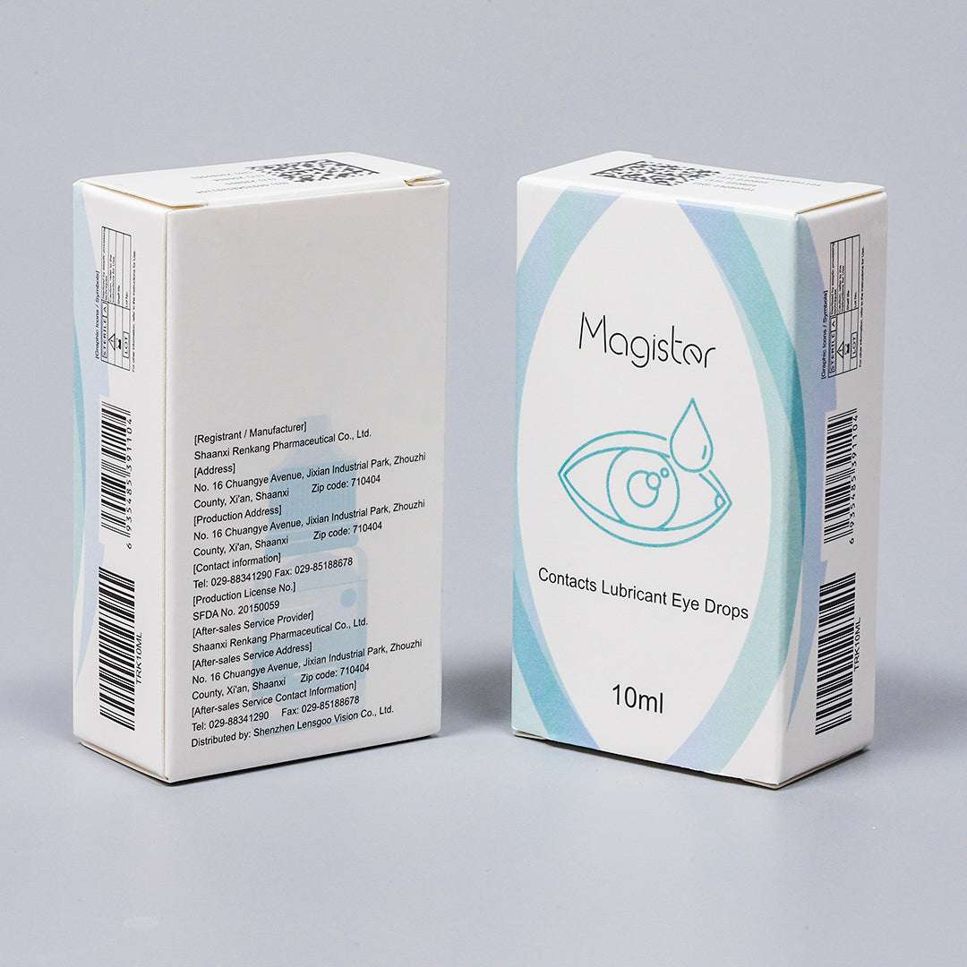 Shows the front and back of a 10ML eye drops outer box placed on a gray surface