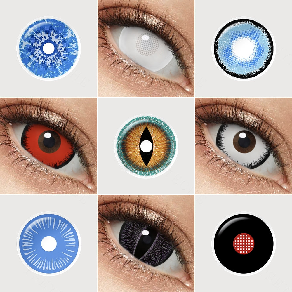 Variety of 17mm costume contacts colors displayed on a model's eyes, showcasing shades