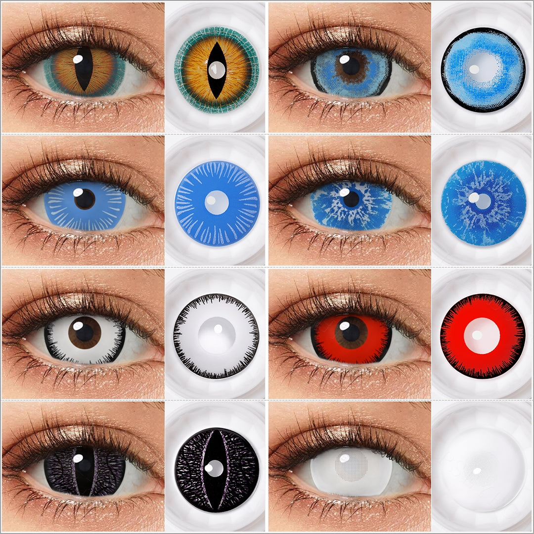 Variety of 17mm costume contacts colors displayed on a model's eyes, showcasing shades