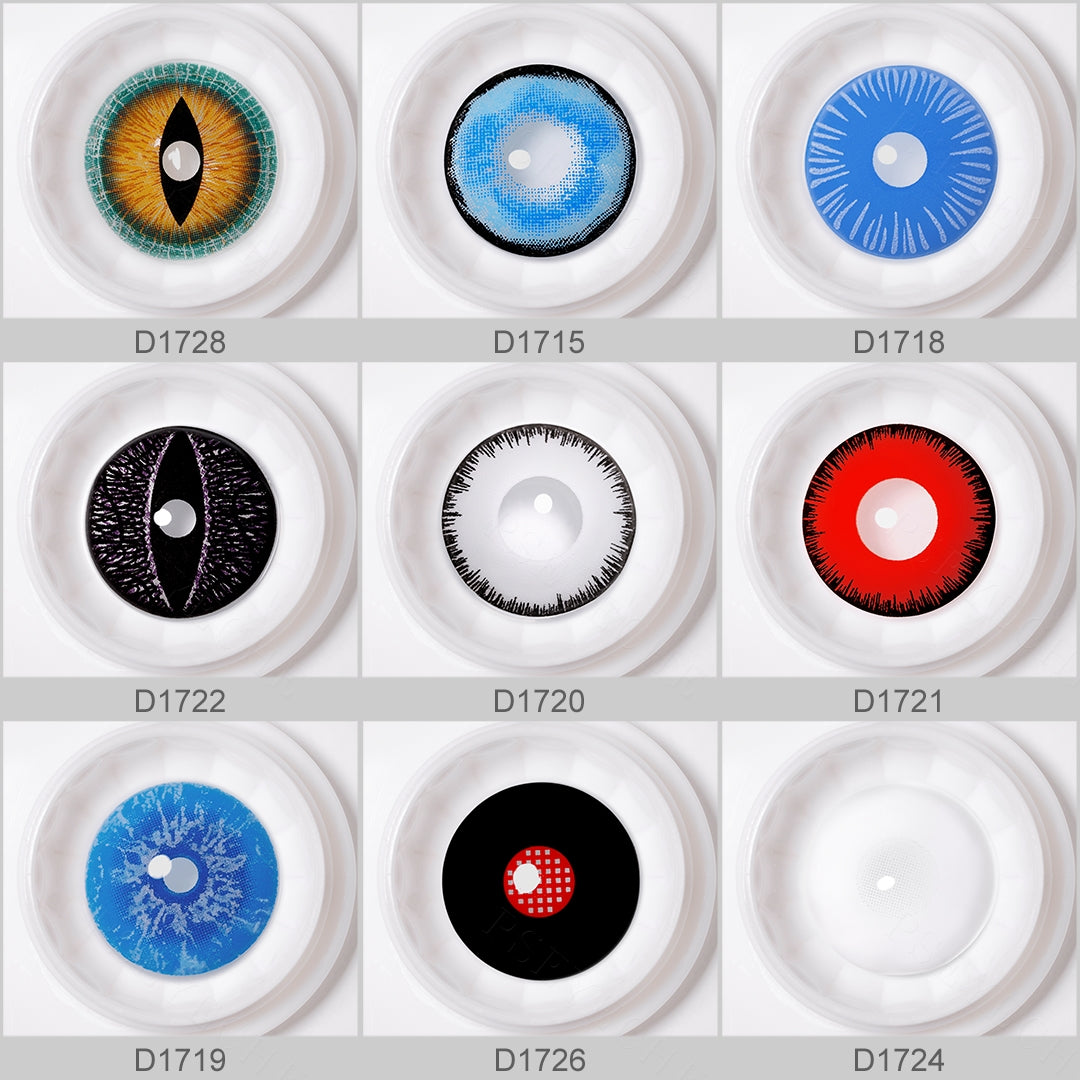 Variety of 17mm costume contacts colors displayed on real showcasing shades Yellow, Light Blue Black, Blue, Black, White Black, Red, Dark Blue, Black Red, White with each color's name indicated below the respective image.