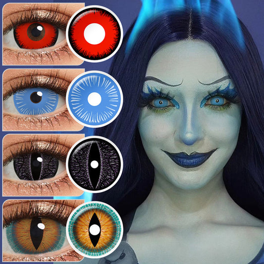 A young cosplayer showcasing 17mm sclera costume contacts with 9 Variants, with close-up insets highlighting on the wearer's eye color.