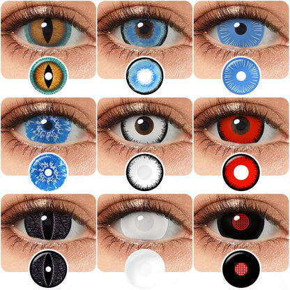 Variety of 17mm costume contacts colors displayed on a model's eyes, showcasing shades Yellow, Light Blue Black, Blue, Black, White Black, Red, Dark Blue, Black Red, White