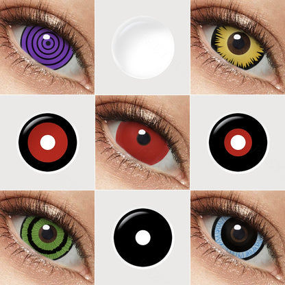 Variety of 17mm costume contacts colors displayed on a model's eyes, showcasing shades All Red, All White,All Black,Black White, Black Red, Black Green, Black Blue, Black Small Red, Black Purple