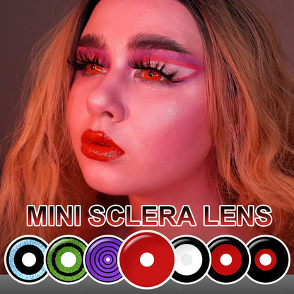 A young lady showcasing 17mm sclera black contact lenses, with close-up insets highlighting the fashion and enhanced eye colors available.