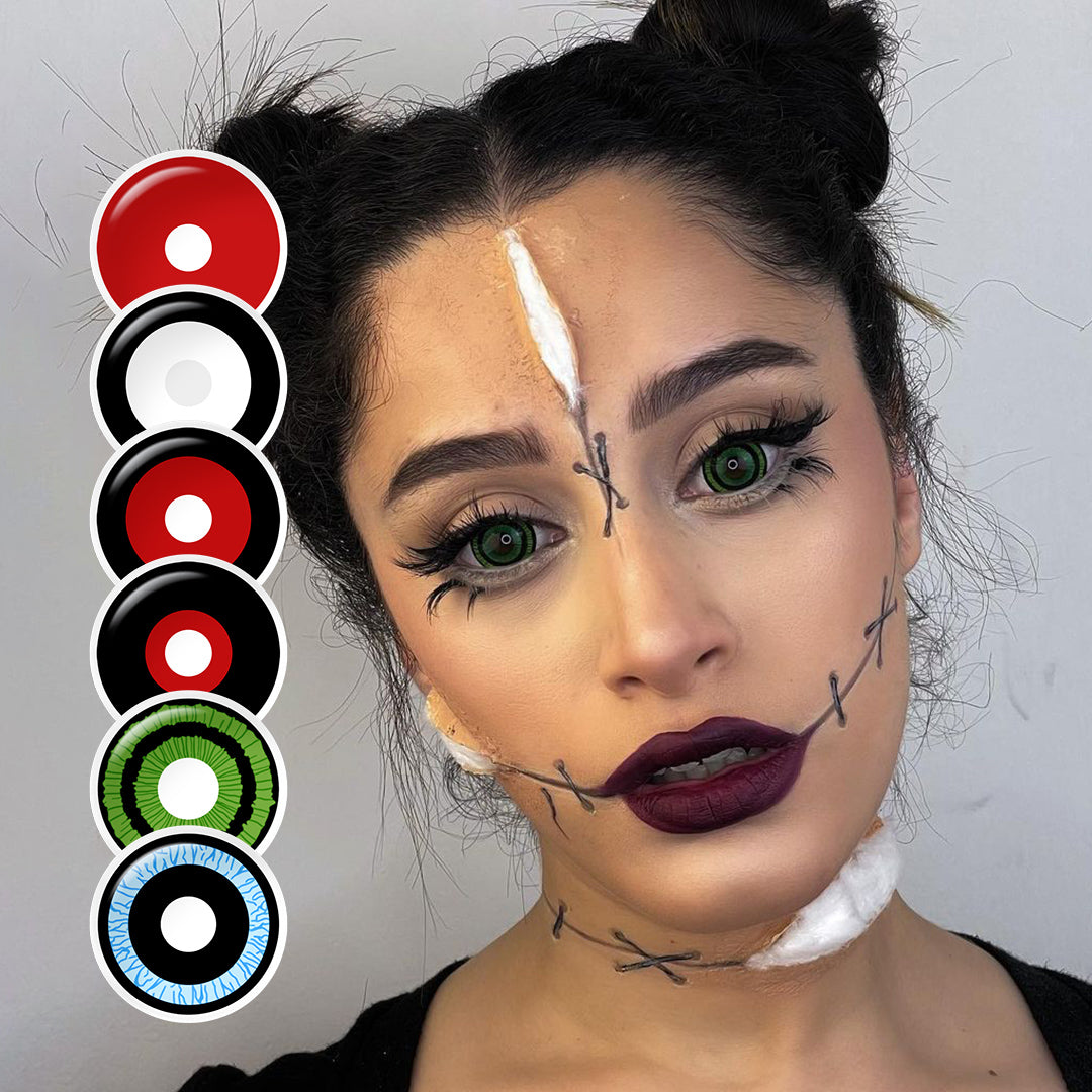 A young lady showcasing 17mm sclera black contact lenses, with close-up insets highlighting the fashion and enhanced eye colors available.