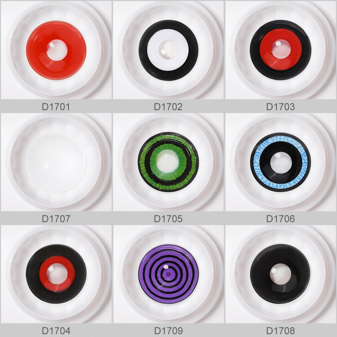 Variety of 17mm costume contacts colors displayed on real showcasing shades All Red, All White,All Black,Black White, Black Red, Black Green, Black Blue, Black Small Red, Black Purple with each color's name indicated below the respective image.